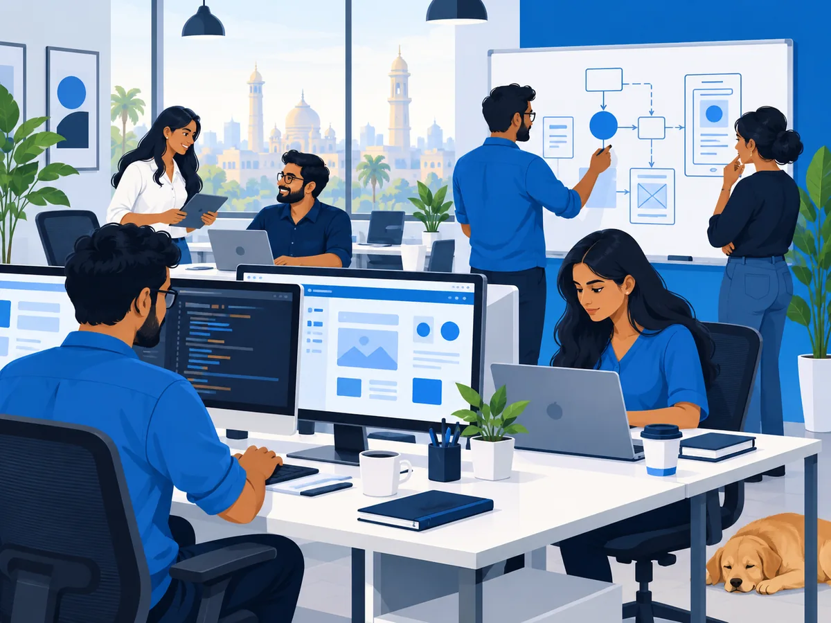 The RadhaVision Infotech software team collaborating in their Surat studio
